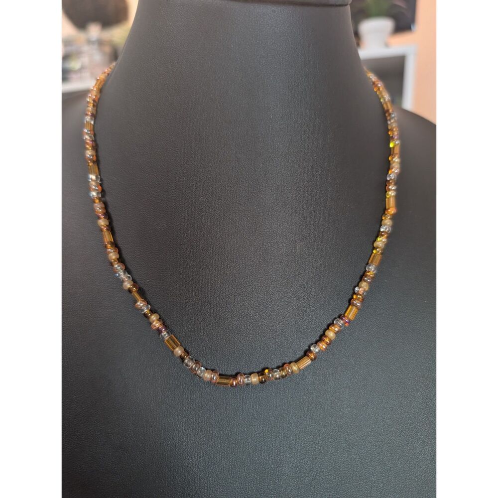 Amber & Bronze Glass Seed Bead Short Necklace with Silver Toggle Clasp